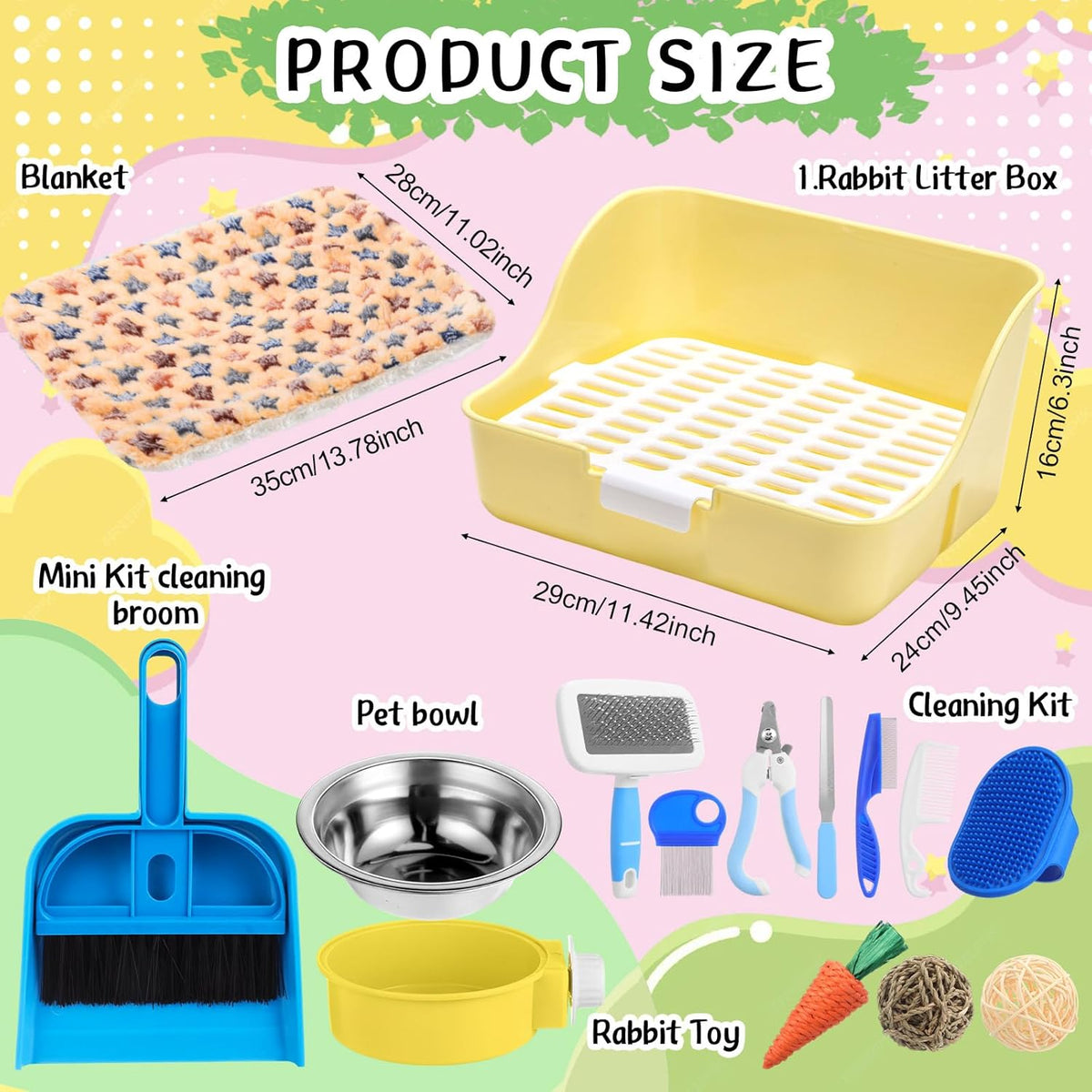 15 Pcs Rabbit Starter Kit Small Rabbit Litter Box Animal Grooming Kit Bunny Toys Bowl Blankets with