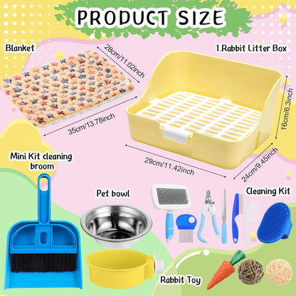 15 Pcs Rabbit Starter Kit Small Rabbit Litter Box Animal Grooming Kit Bunny Toys Bowl Blankets with