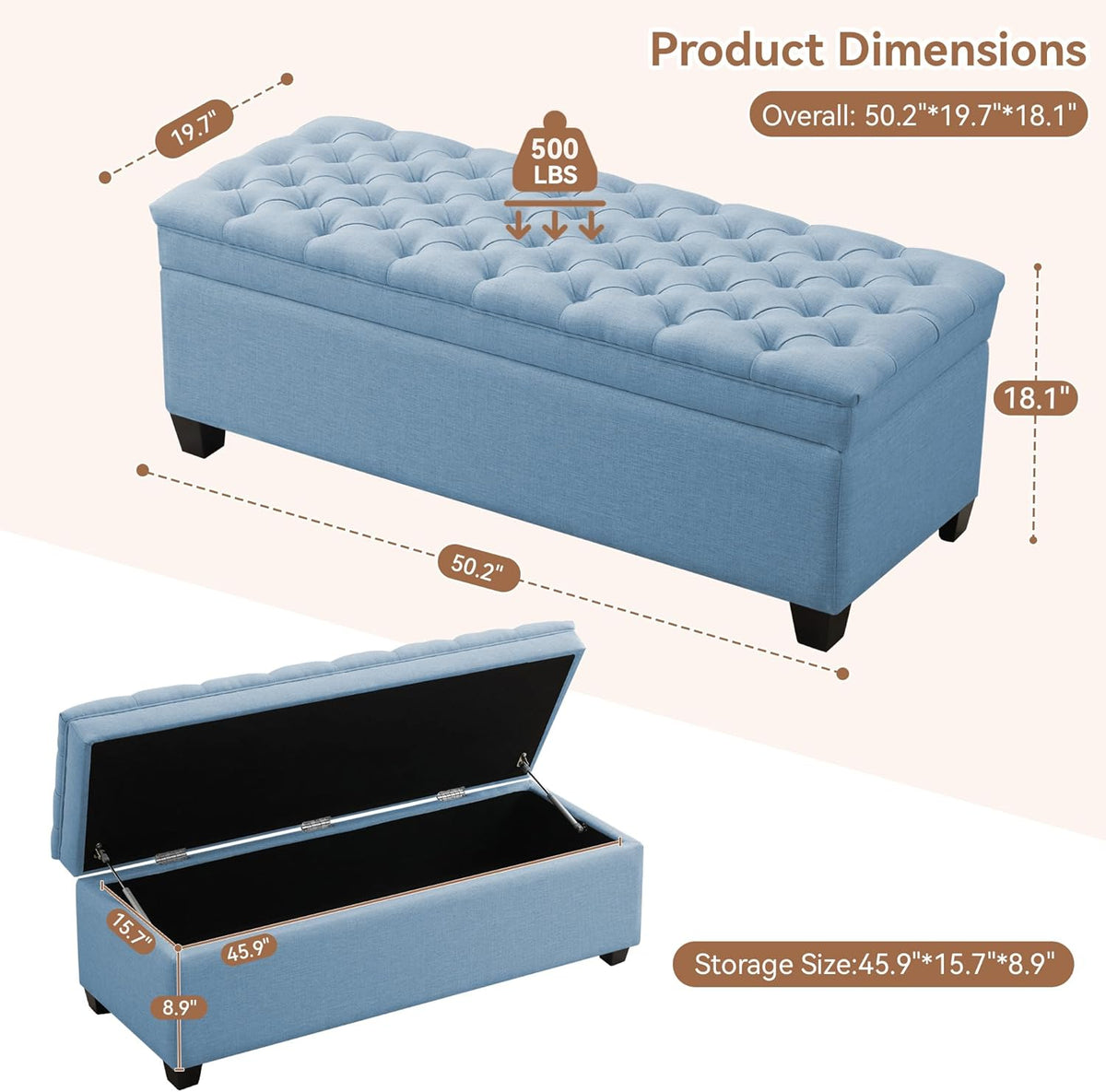 51" Fabric Storage Ottoman Bench, Upholstered Rectangle End of Bed Storage Ottoman Tufted Living