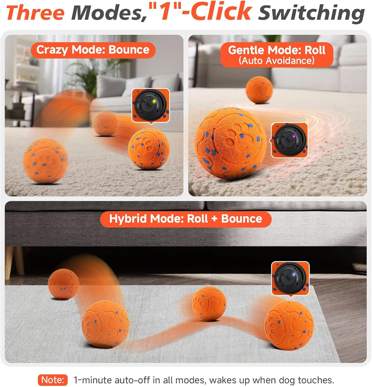 Interactive Dog Ball Toy, Automatic Moving Bouncing Rotating Smart Ball with 3 Modes, Durable E-TPU