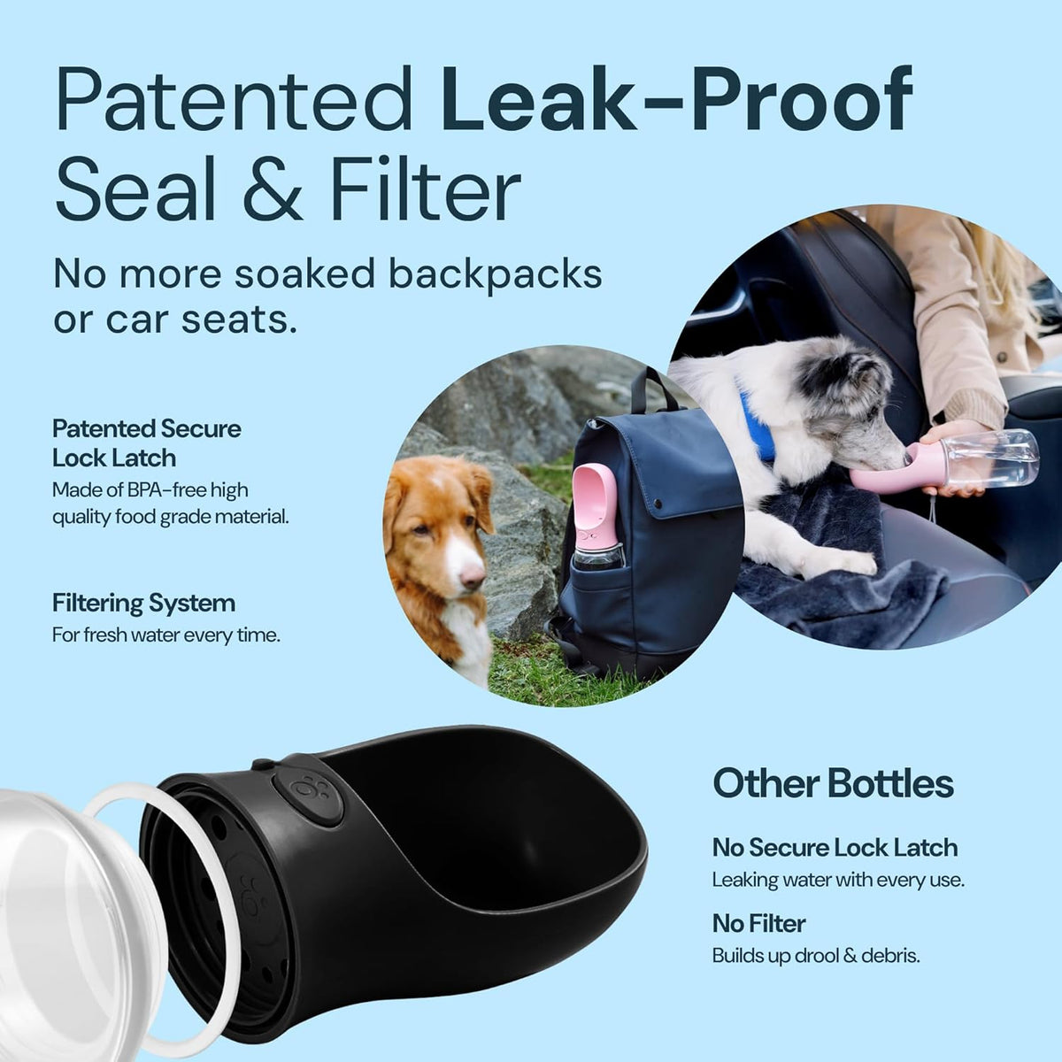 MalsiPree Trail Water Bottle for Dogs - 12oz, Black - Portable Dog Water Bottle & Bowl with