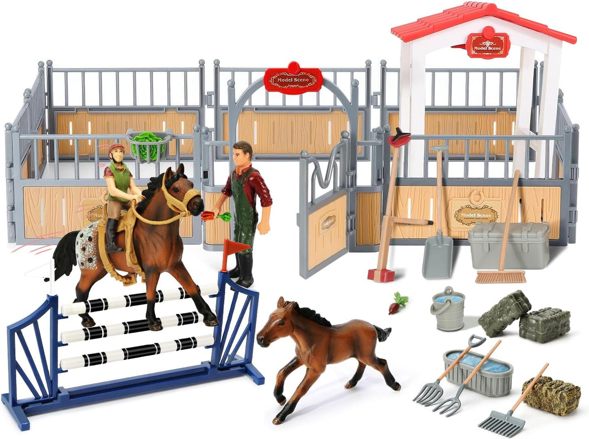 Horse Stable Playset, Horse Toys Set for Girls and Boys with Rider, Farm Animal Figurines Barn
