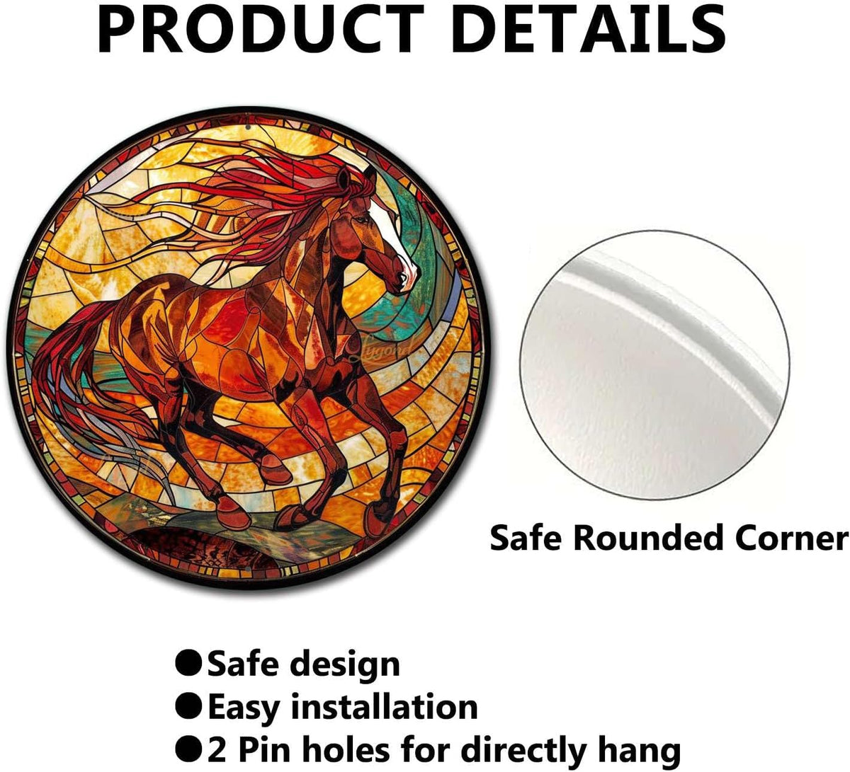 Lygond Metal Sign Tin Sign Circular Stained Glass American Mustang Bar Signs for Home Decor for