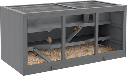 PawHut 45" Extra Large Wooden Hamster Cage, 3-Layer Chewproof Rat Cage with Opening Roof, Hut