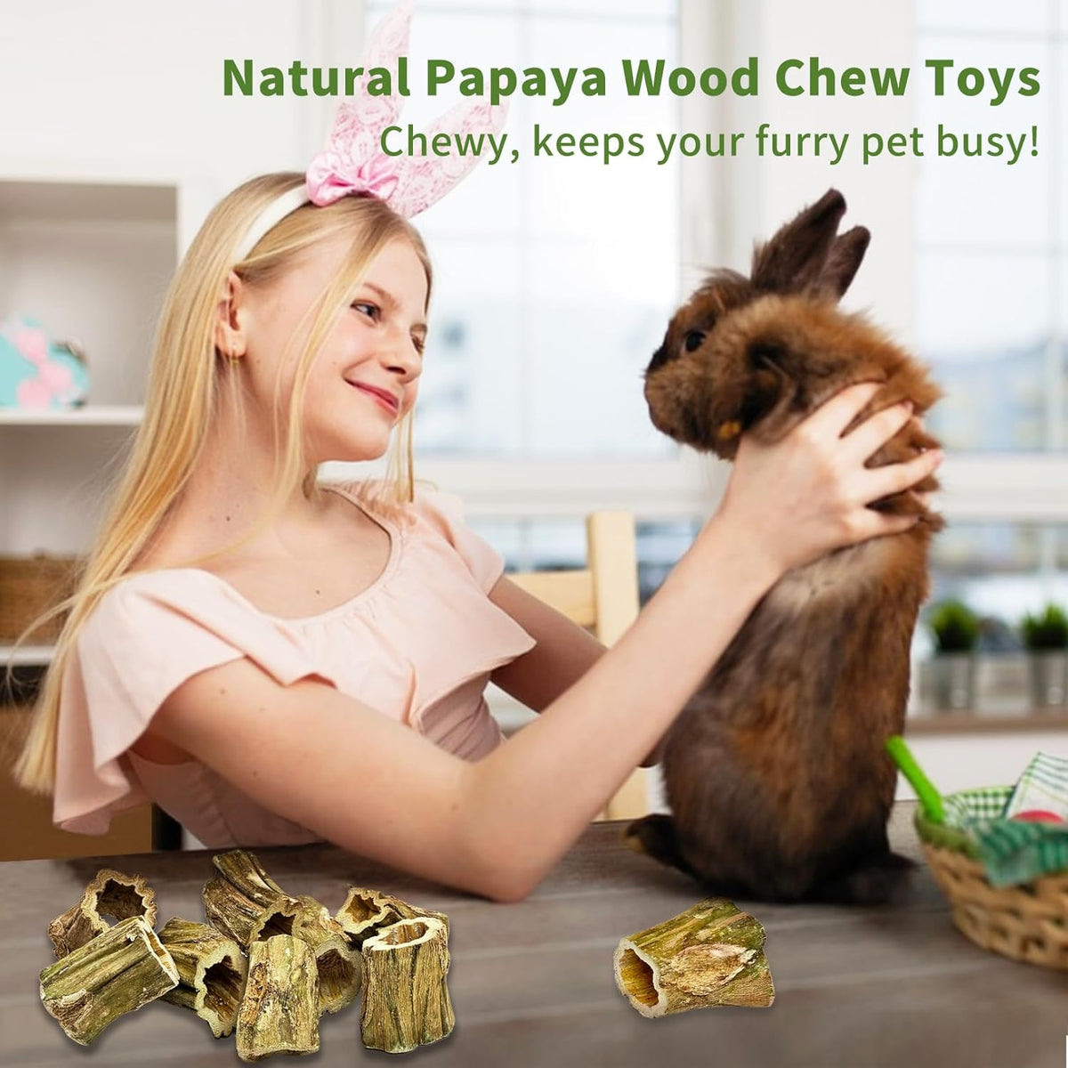 Fhiny Rabbit Chew Toys, 8 PCS 2" Natural Papaya Wood Chew Sticks Guinea Pig Treats for Dental Care