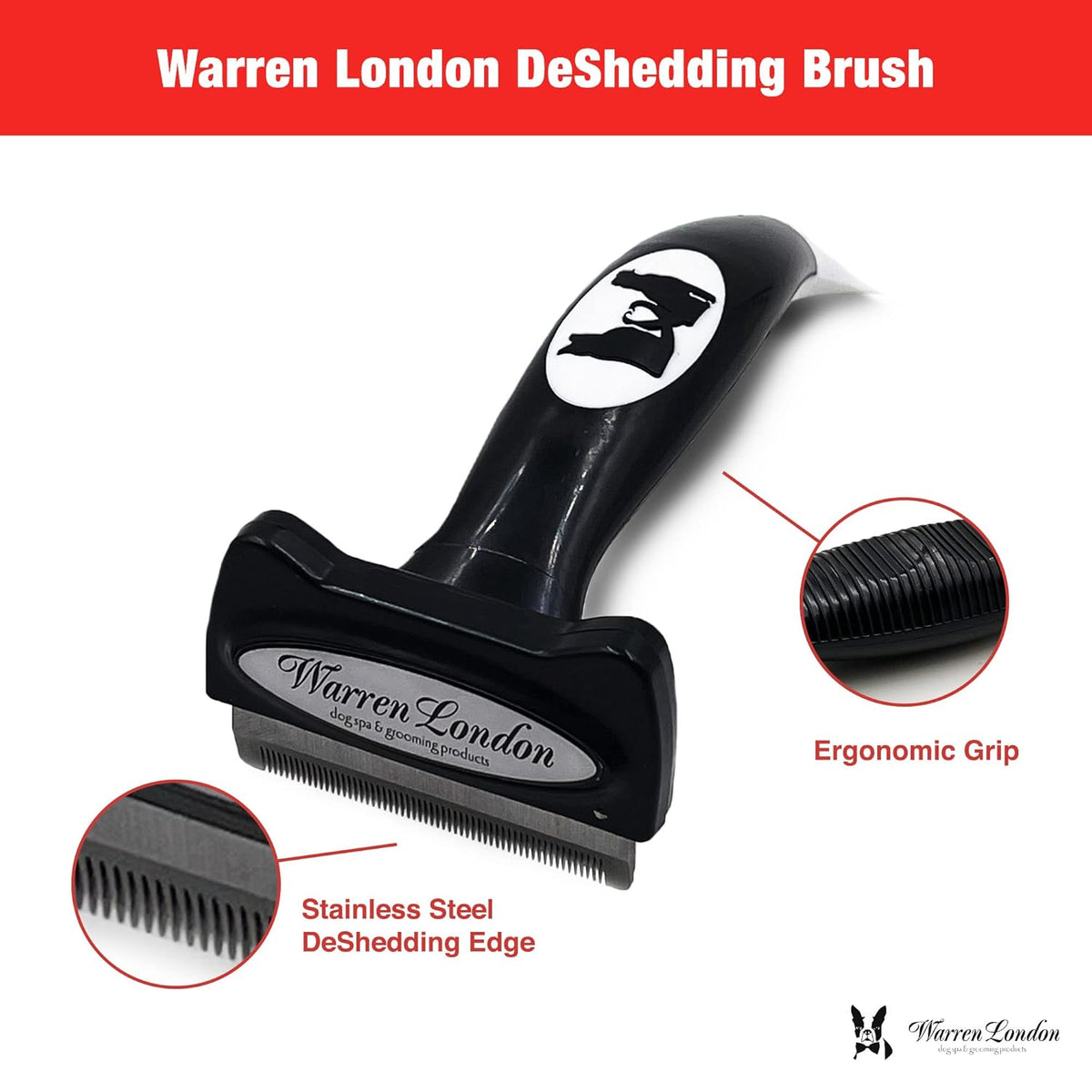 Warren London Deshedding Brush for Medium Dogs, Short Hair | 2.5″ Stainless Edge | Reduces Shedding