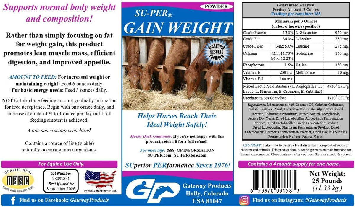 SU-PER Gain Weight for Horses - Equine Supplement Weight Gainer for Horses - Promotes Lean Muscle