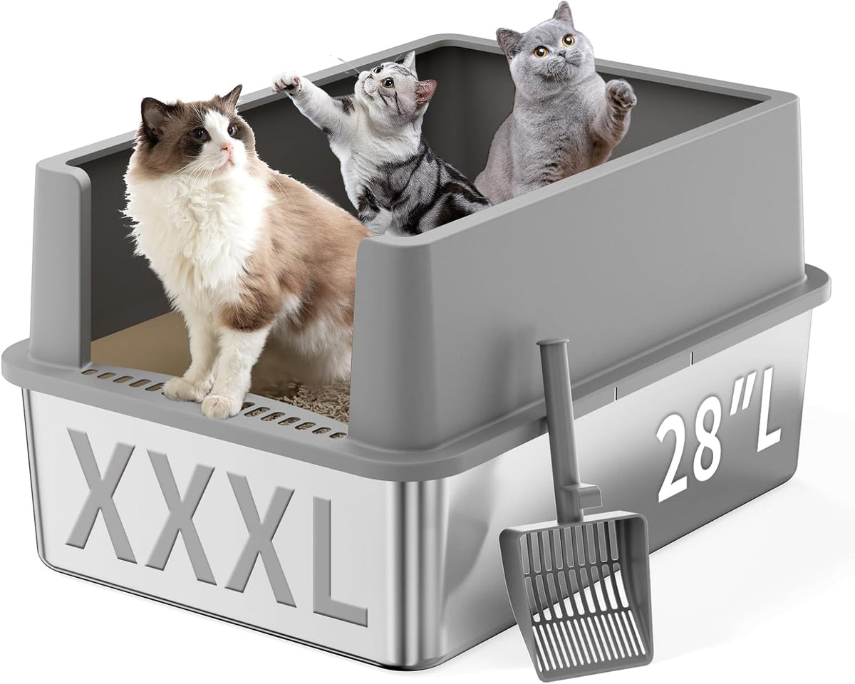 28" Extra Large XXL Stainless Steel Cat Litter Boxes with Lid Metal Cat Litterbox Pan for Big Cats