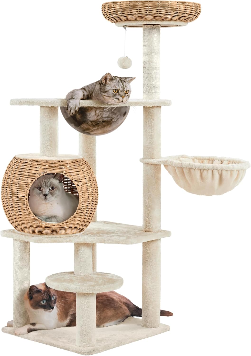 Yaheetech 54in Rattan Cat Tree, Modern Tower with Breathable Woven Condo, Scratching Posts &