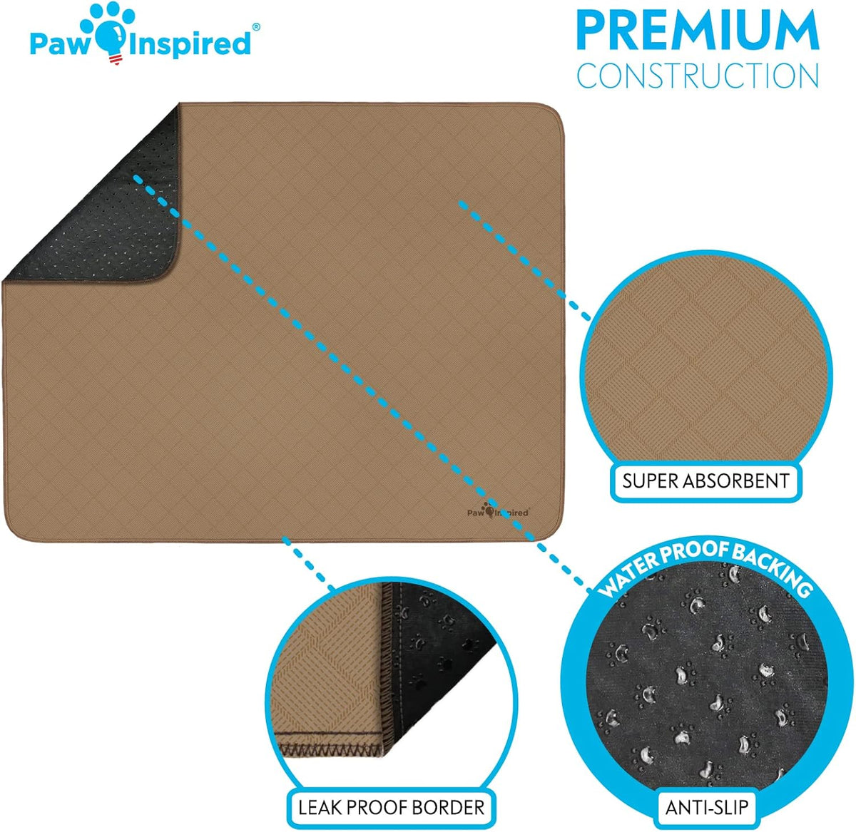 Paw Inspired Washable Pee Pads for Dogs, Leakproof, Non-Slip Reusable Puppy Pads for Potty