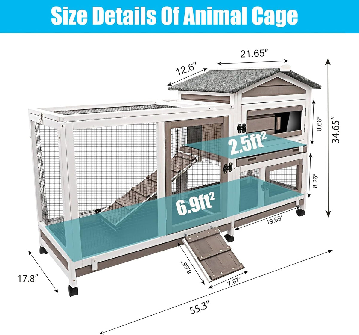 Rabbit Hutch Indoor Outdoor Two Story Bunny Hutch with Wheels Guinea Pig Cage with Removable No
