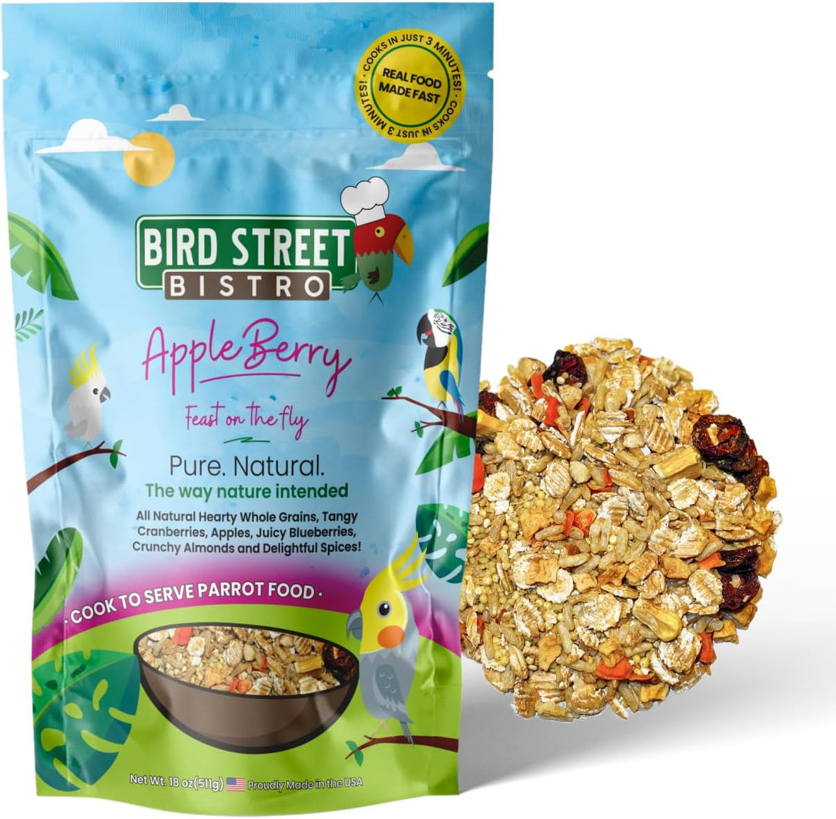 Parrot Food - Parakeet & Cockatiel Food - Cooks in 3-15 min with Natural & Organic Grains, Legumes