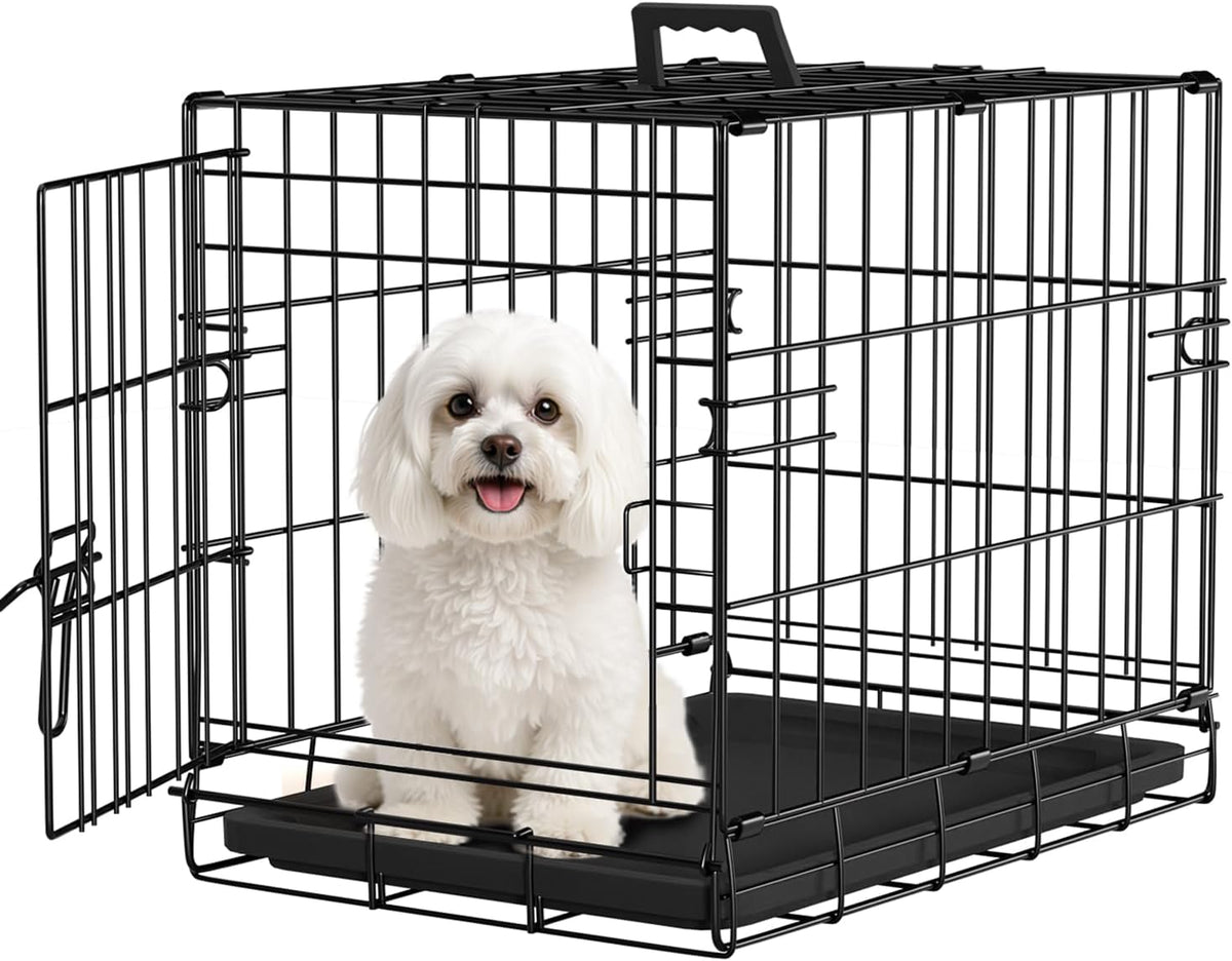 FDW Dog Crate for Small Dogs 18 Inch Folding Metal Wire Pet Cage Double Door W/Divider Panel Indoor