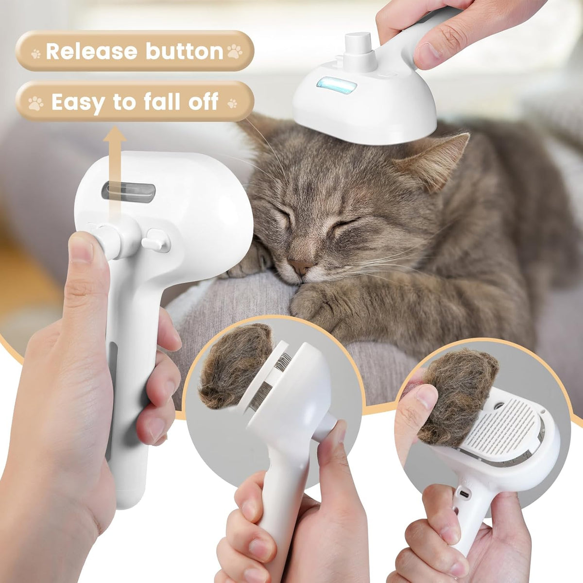 Cat Steam Brush, 3 In 1 Steamy Cat Brush with Release Button and Tank, Anti-Static Pet Spray Hair