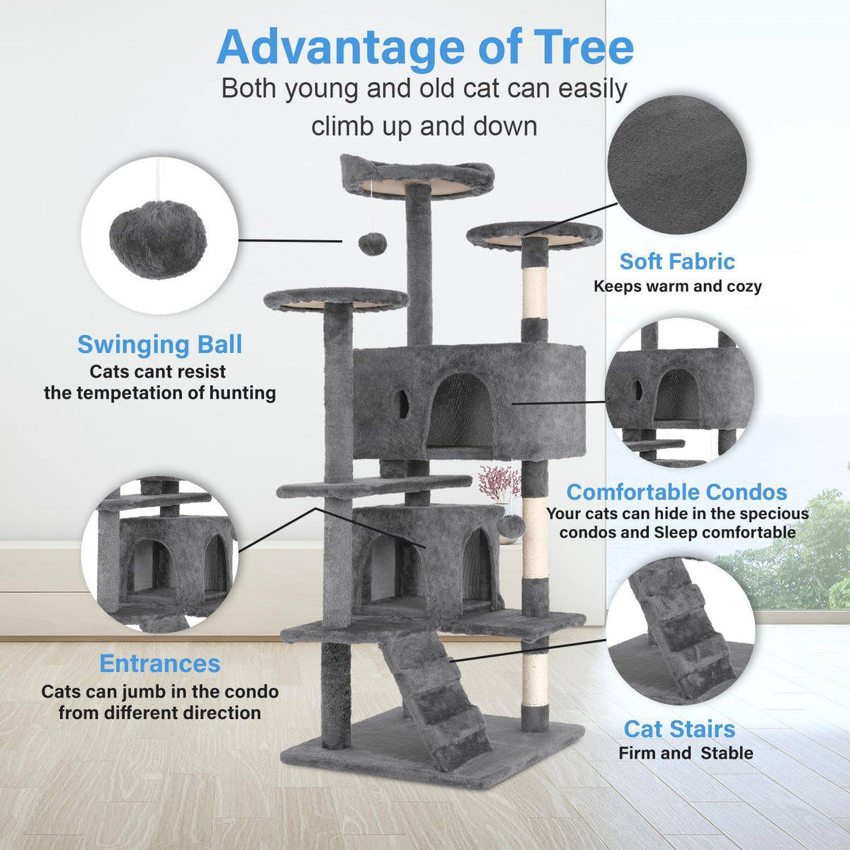 FDW Cat Tree 54in Cat Tower Multi-Level Durable Cat Scratching Post & Cozy Fun Cat Jumping Platform