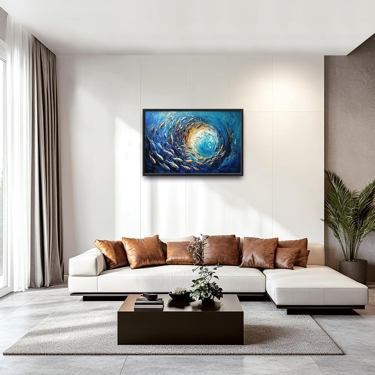 Extra Large Framed Abstract Ocean Fish Wall Art,Oversized Blue Sea Nautical Fish Wall Decor