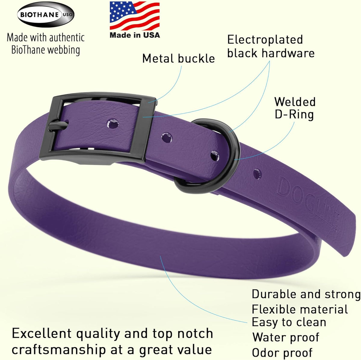 Dogline Biothane Waterproof Dog Collar Strong Coated Nylon Webbing with Black Hardware Odor- Proof