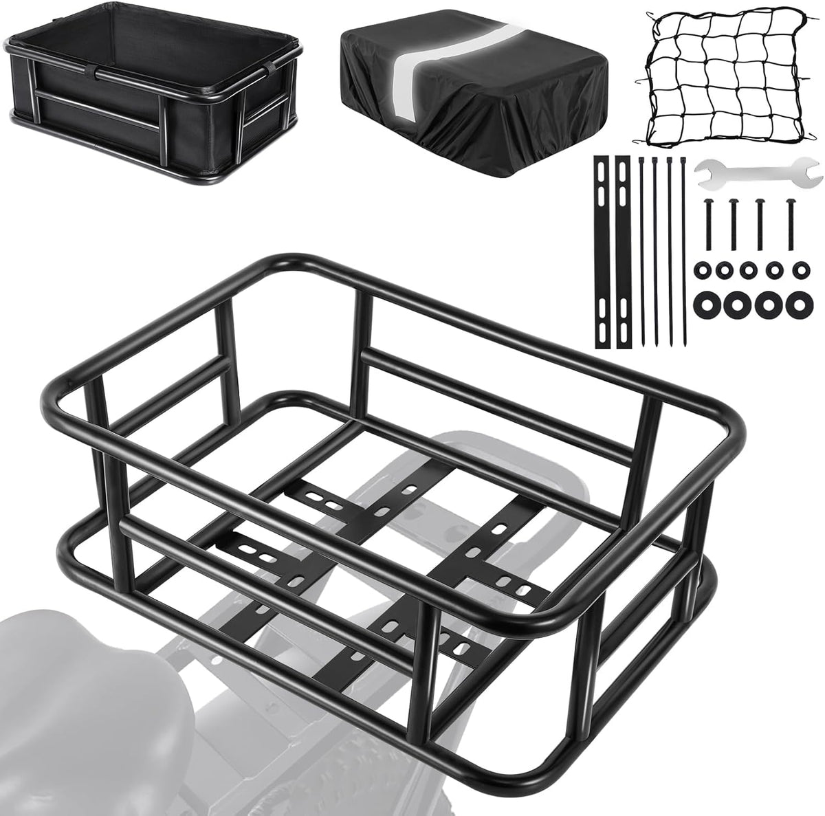 Bike Basket Rear with Liner,Waterproof Cover,Cargo Net Large Rear Bike Basket,Heavy Duty Bicycle