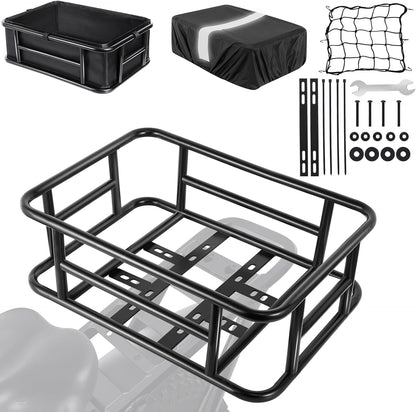 Bike Basket Rear with Liner,Waterproof Cover,Cargo Net Large Rear Bike Basket,Heavy Duty Bicycle