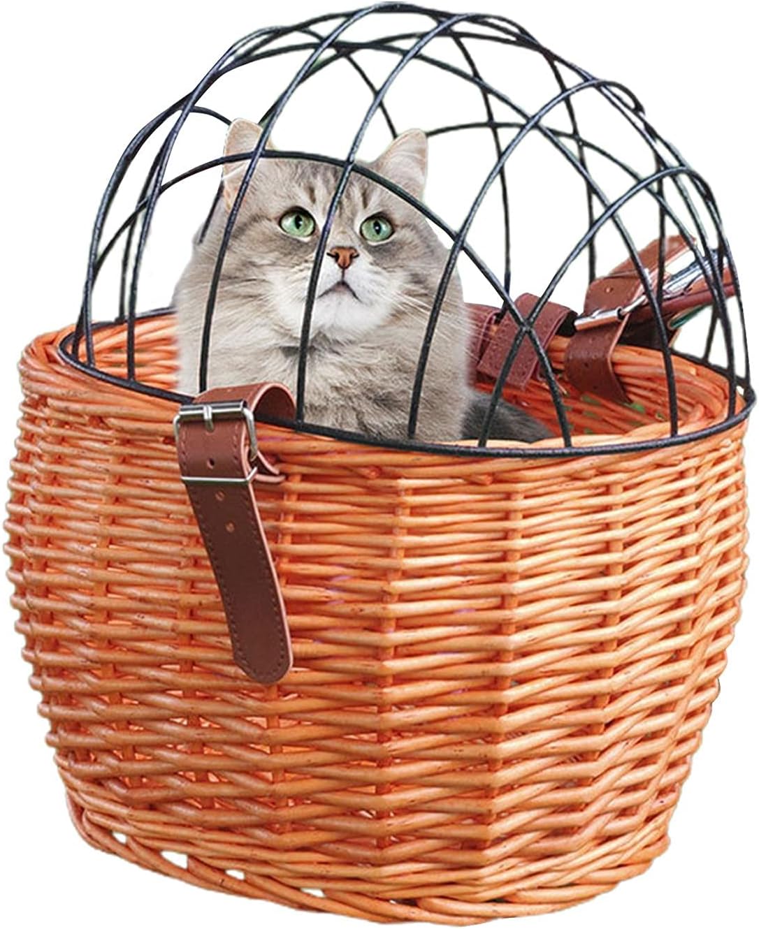 Bike Pet Basket, Wicker Bike Basket for Small Dogs Cats Pet Carrier Front Basket with Wire Mesh