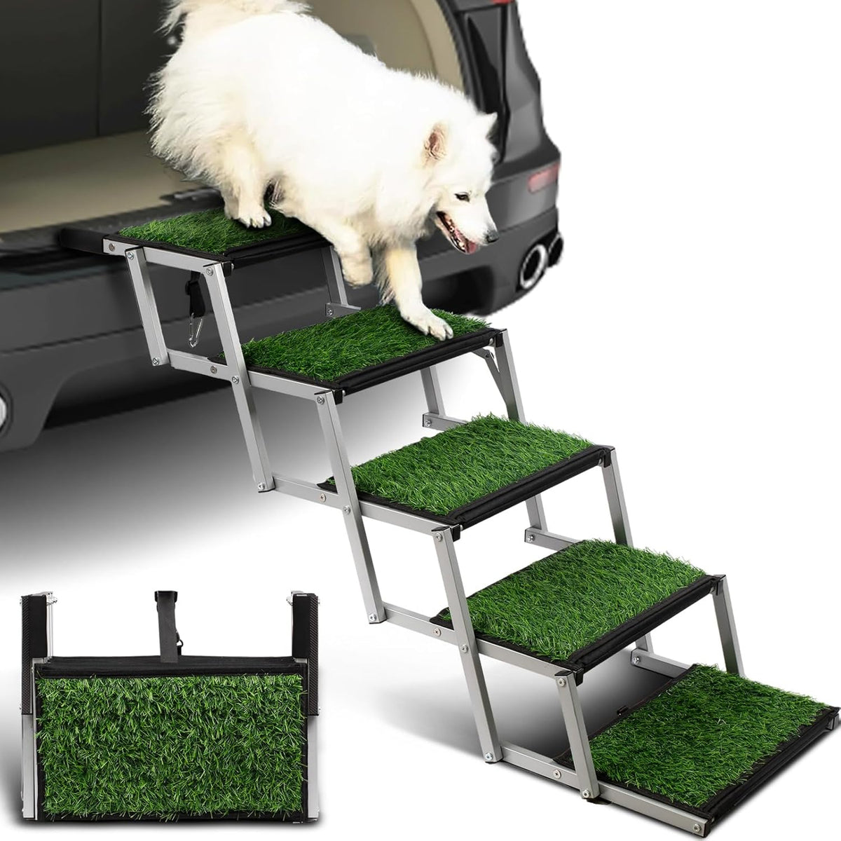 Dog Stairs for Car, Portable Folding Dog Ramps,Dog Steps for Large Dogs with Non-Slip Grass Rug for