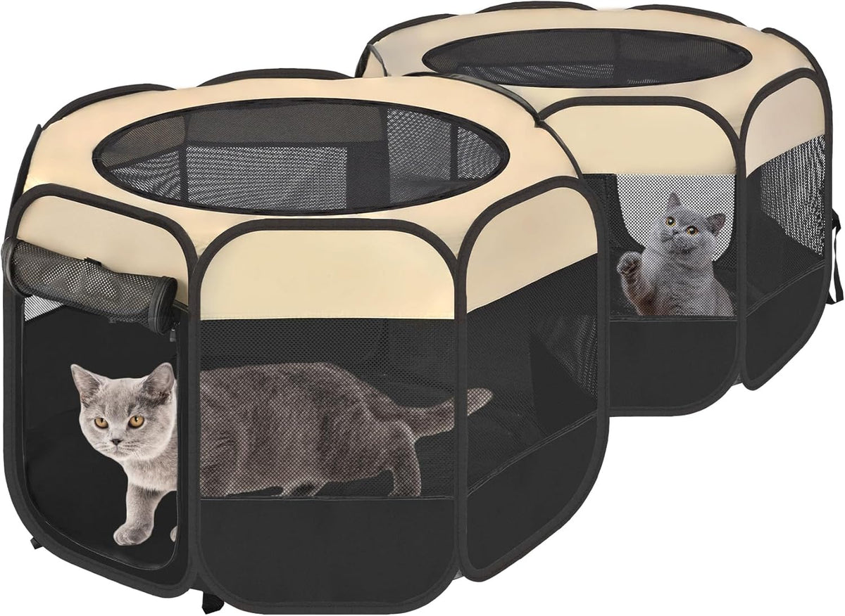 EighteenTek 2-in-1 Pop Up Cat Playpen, Assembly-Free Dog Puppy Pet Playpen, Indoor Outdoor Cats