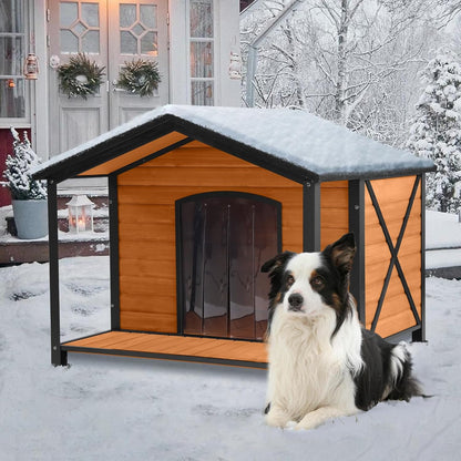 Outdoor Dog House,Weatherproof Wooden Dog Shelter for Small to Medium Sized Dogs,Iron Frame Indoor