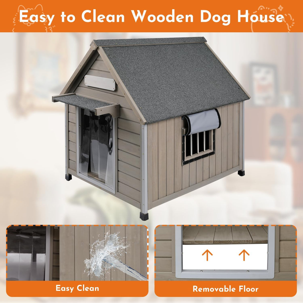 Outdoor Dog House Weatherproof Large Wooden Dog Kennel Indoor for Small Dogs with Chew-Proof Frame