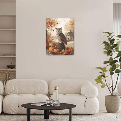 Fall Owl Wall Art Autumn Pumpkin Leaves Wall Decor Rustic Canvas Print Farmhouse Pictures Painting