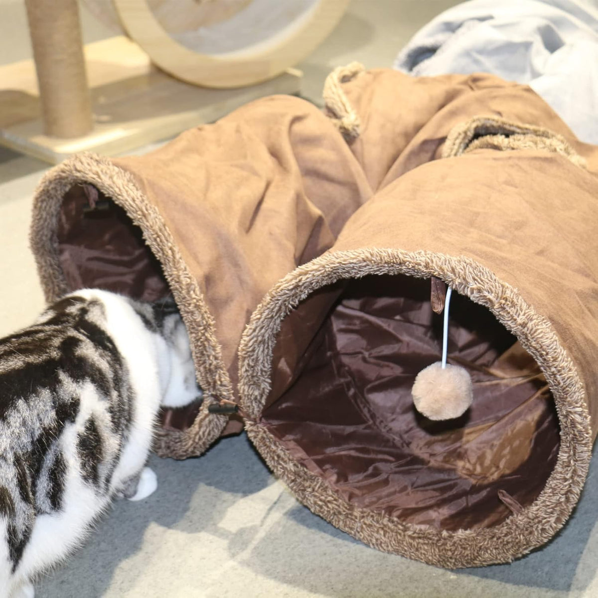 Cat Tunnel for Indoor Cats, 51×12 inch Foldable Big Cat Tunnel, Brown Suede Pet Tunnels with Two