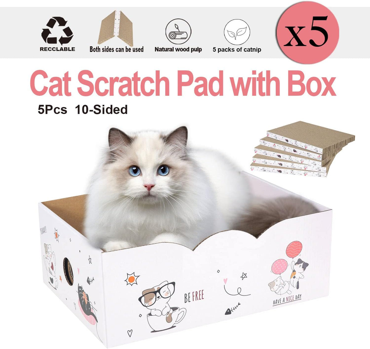 5 Packs in 1 Cat Scratch Pad with Box, Cat Scratcher Cardboard,Reversible,Durable Recyclable