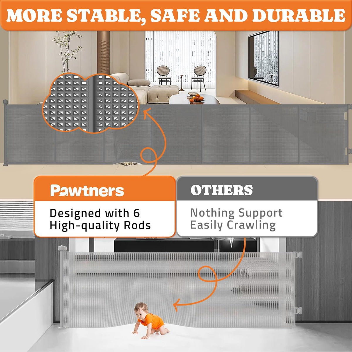 Upgrade 120" Retractable Baby Gates Extra Wide with Reinforced Strips, 10 FT Retractable Dog Gate
