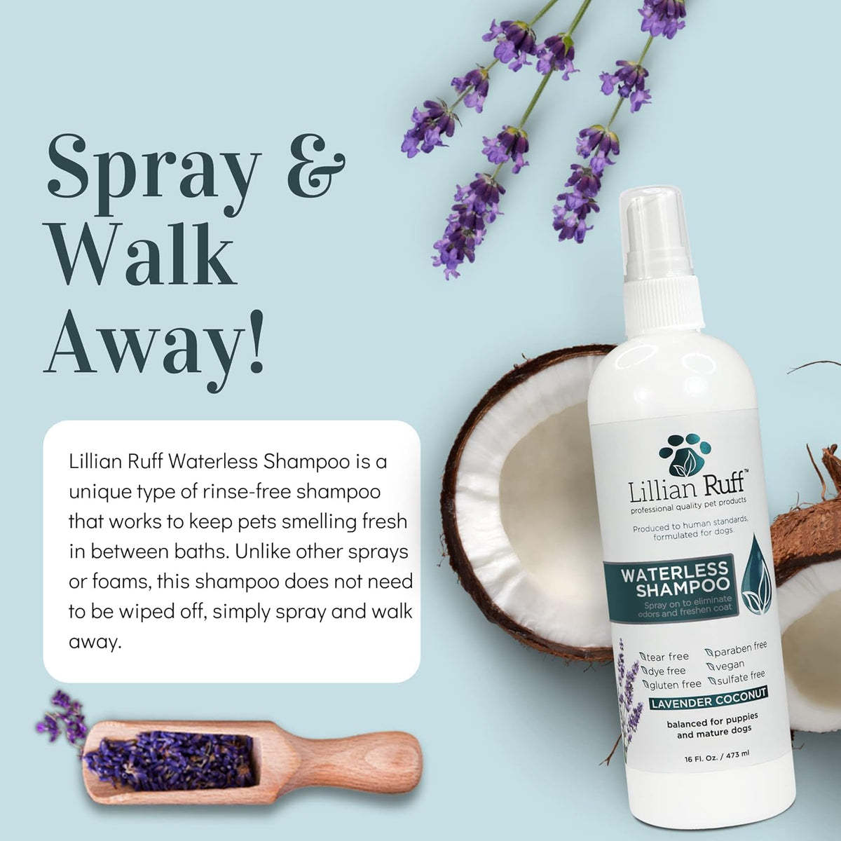 Lillian Ruff Waterless No-Rinse Dog Dry Shampoo Spray with Hydrating Essential Oils - pH-Balanced