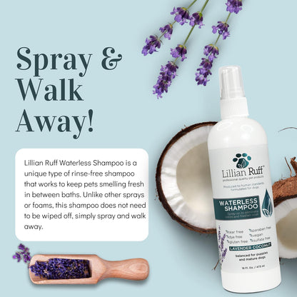 Lillian Ruff Waterless No-Rinse Dog Dry Shampoo Spray with Hydrating Essential Oils - pH-Balanced