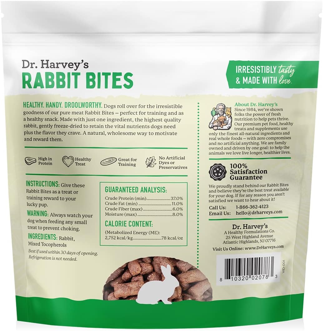 Dr. Harvey's Rabbit Bites Freeze-Dried Raw Dog Treats, Single Ingredient, All-Natural Rabbit Meat