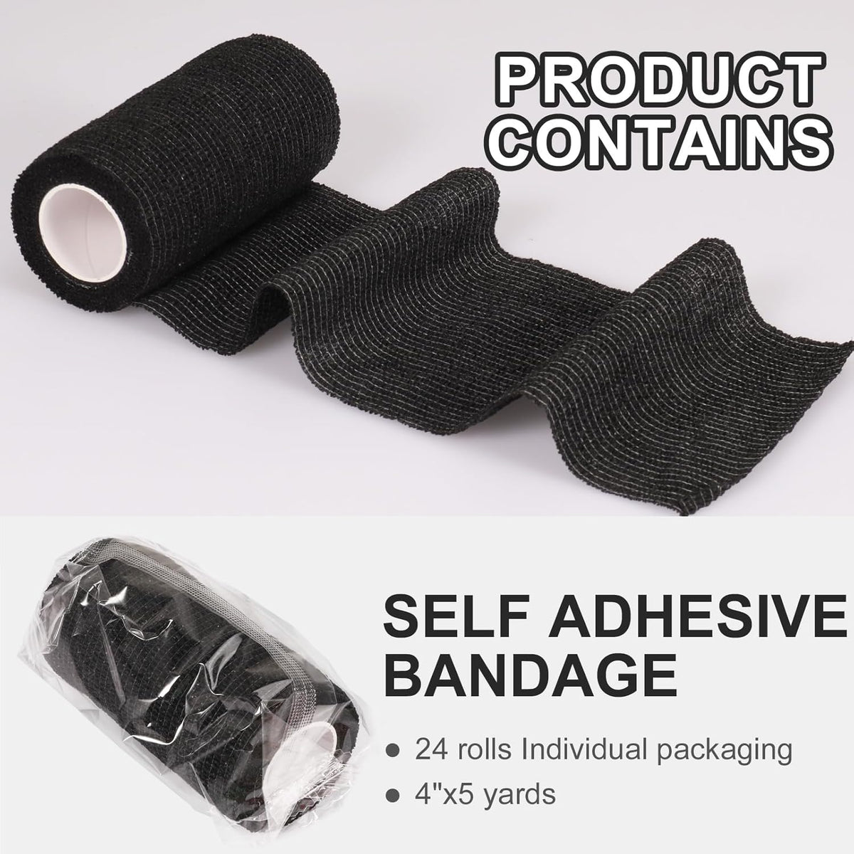 24 Pack Self Adhesive Bandage Wrap, 4” x 5 Yards Cohesive Medical Tape Elastic Grip Tape Black