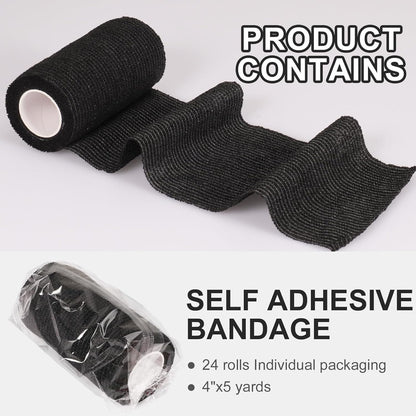 24 Pack Self Adhesive Bandage Wrap, 4” x 5 Yards Cohesive Medical Tape Elastic Grip Tape Black