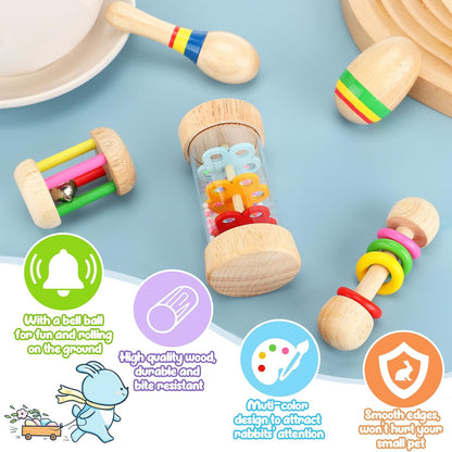 MEWTOGO 5 Pcs Wooden Bunny Toys - Safe Rabbit Toys, Multi-Colored Bite-Resistant Guinea Pigs Toys