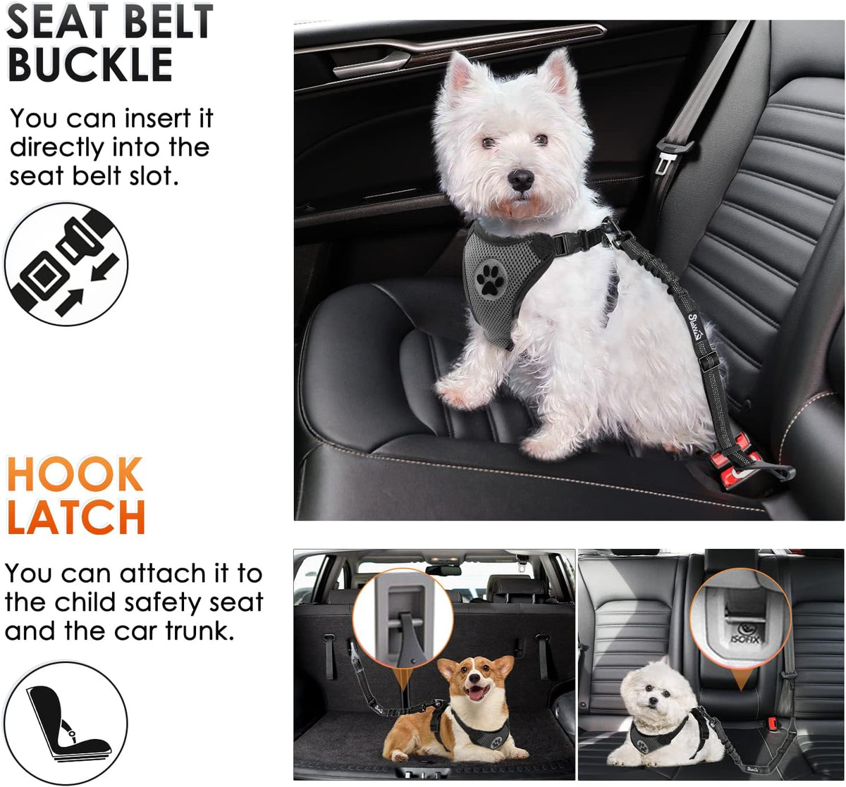 SlowTon Dog Seat Belt, Adjustable Dog Safety Belt Leash, 2 in 1 Latch Bar Attachment Dog Car