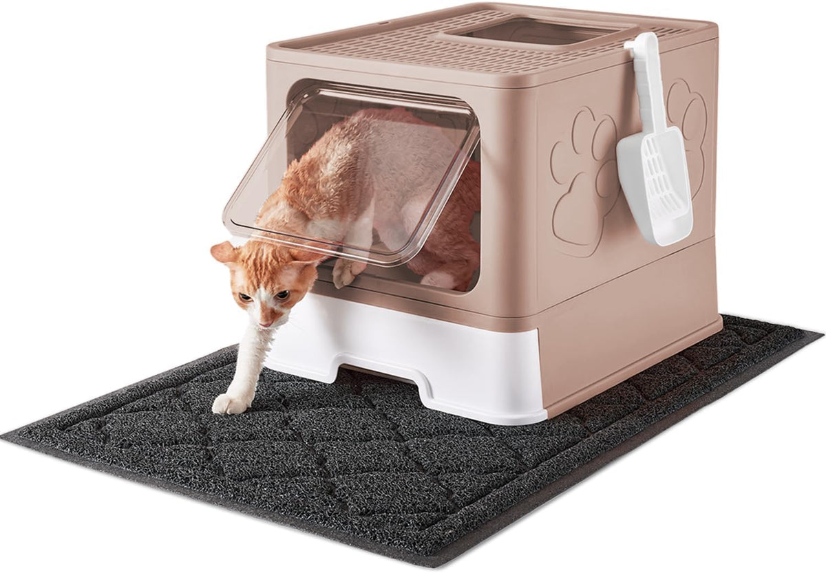 Cat Litter Box with X-Large Litter Mat and Scoop, Large Foldable Litter Box with Lid, Enclosed