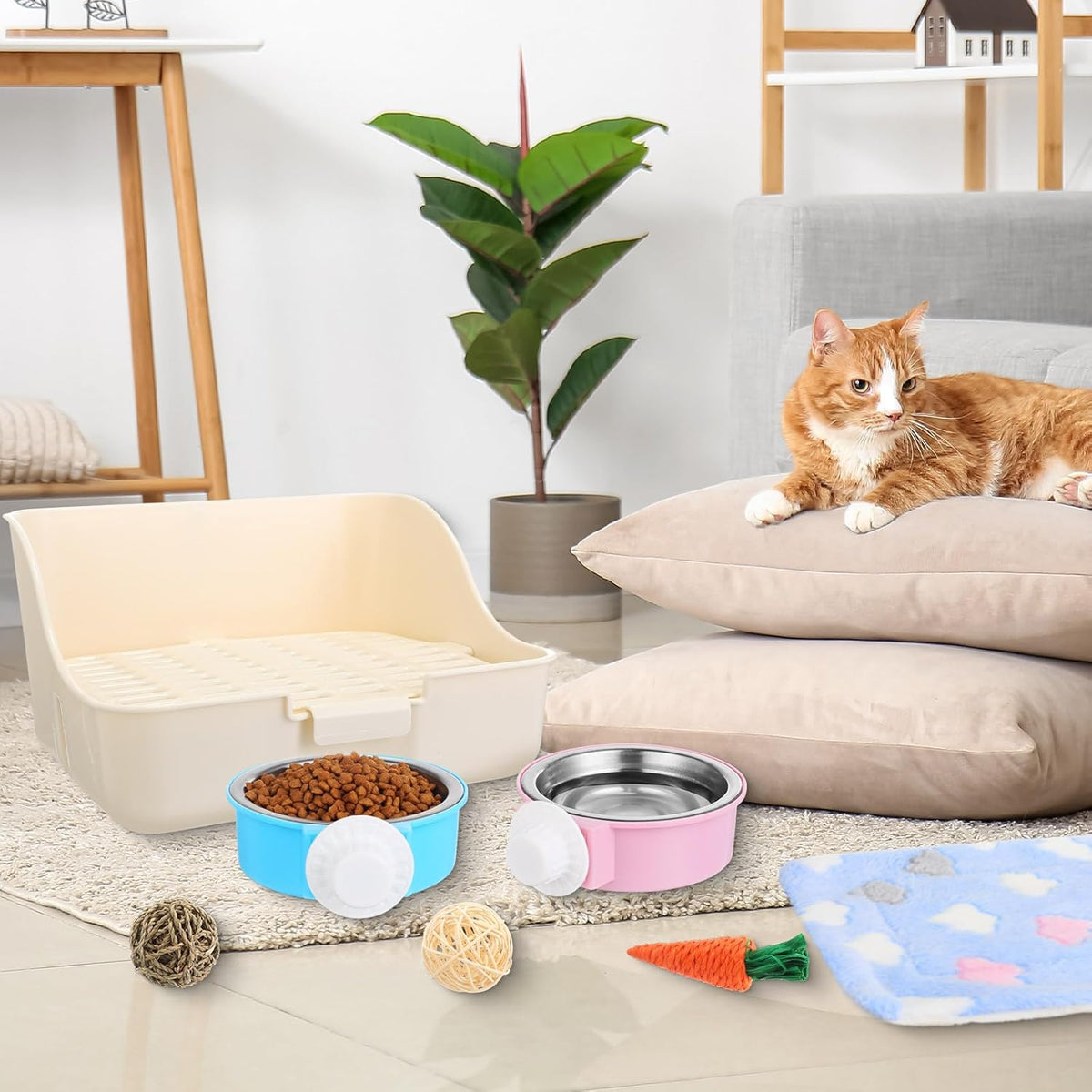 15 Pcs Rabbit Starter Kit Small Rabbit Litter Box Animal Grooming Kit Bunny Toys Bowl Blankets with