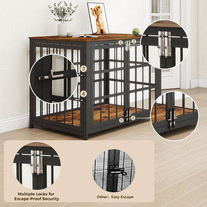 32 Inch Heavy Duty Wooden Dog Kennel End Table with Double Door Design and Secure Locks, Indoor Pet