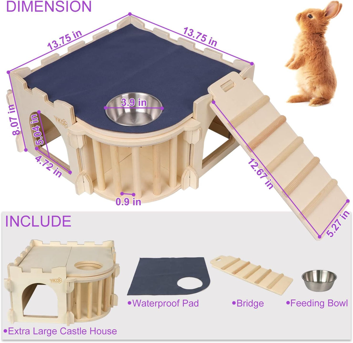 Large Guinea Pig Castle, Natural Wood Rabbit House with Ladder and Hay Feeder, Small Animal Hideout