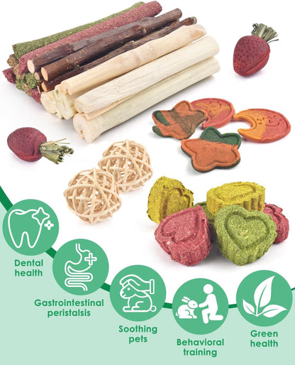ERKOON 33PCS Bunny Chew Toys for Rabbits Teeth, Natural Rabbit Toys Apple Wood Sticks, Carrot