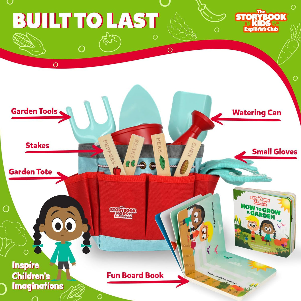 Matching Board Book - Red Kids Gardening Tools Set Includes Sturdy Tote Bag, Watering Can, Shovel