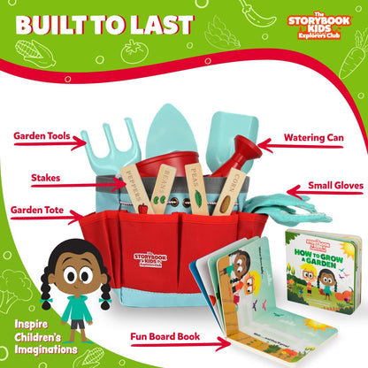 Matching Board Book - Red Kids Gardening Tools Set Includes Sturdy Tote Bag, Watering Can, Shovel