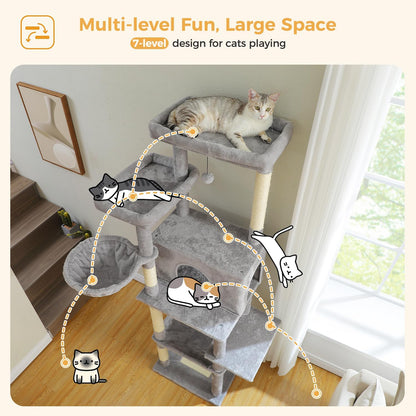 PAWZ Road Tall Cat Tree, 73 Inches Large Cat Tower with Large Padded Perch,2 Spacious Hammocks,8