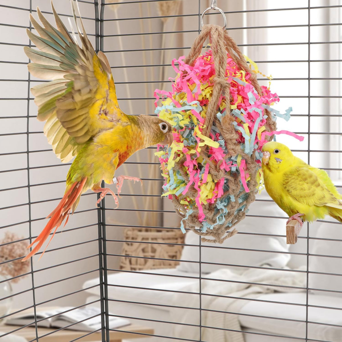 Bird Jute Paper Strips Parrot Mesh Bag Hanging Chewing Toy for Parakeet Cockatiel Conure Cockatoo