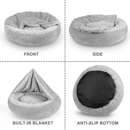 JOEJOY Small Dog Bed Cat Bed with Hooded Blanket, Cozy Cuddler Luxury Puppy Pet Bed, Donut Round