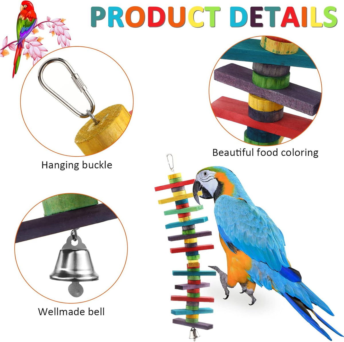 JaGely 4 Pcs Bird Parrot Toys with Multicolored Natural Wood Blocks, Bird Chew Toys for Large
